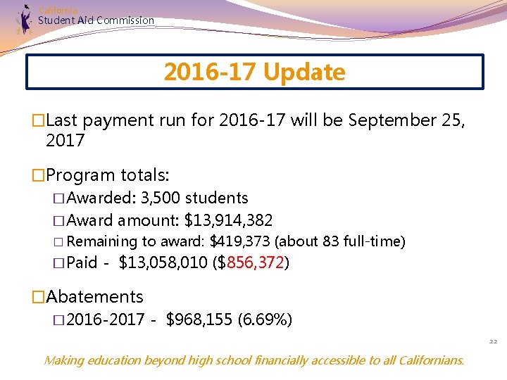 California Student Aid Commission 2016 -17 Update �Last payment run for 2016 -17 will