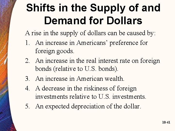 Shifts in the Supply of and Demand for Dollars A rise in the supply