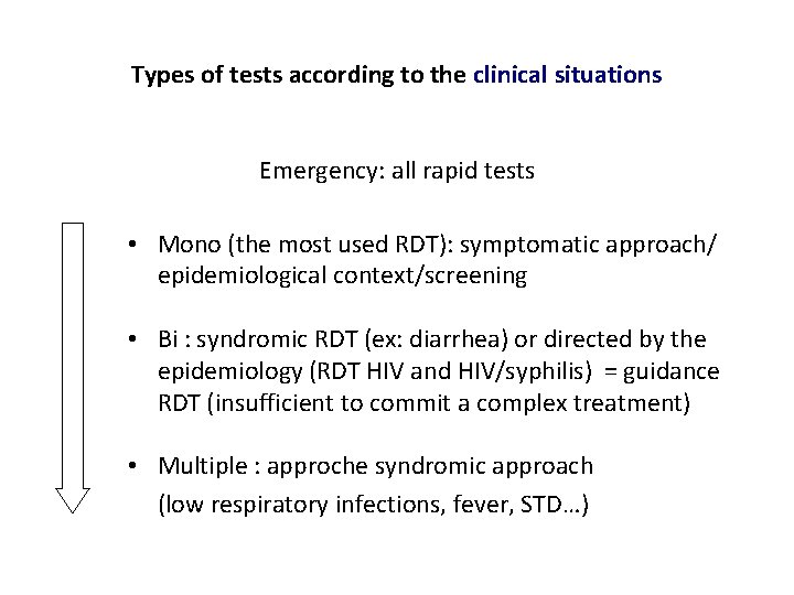Types of tests according to the clinical situations Emergency: all rapid tests • Mono