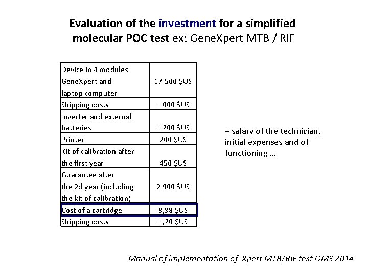 Evaluation of the investment for a simplified molecular POC test ex: Gene. Xpert MTB