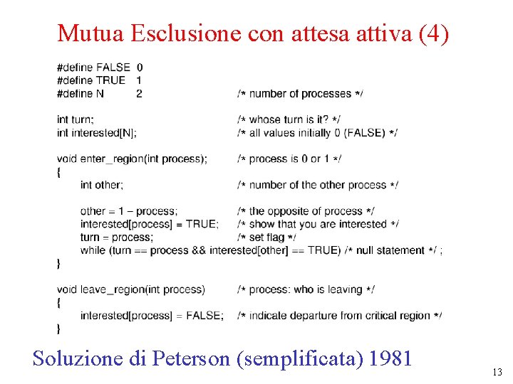 Mutua Esclusione con attesa attiva (4) Soluzione di Peterson (semplificata) 1981 13 