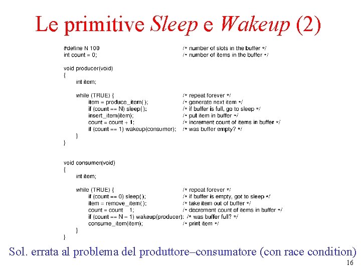 Le primitive Sleep e Wakeup (2) Sol. errata al problema del produttore–consumatore (con race