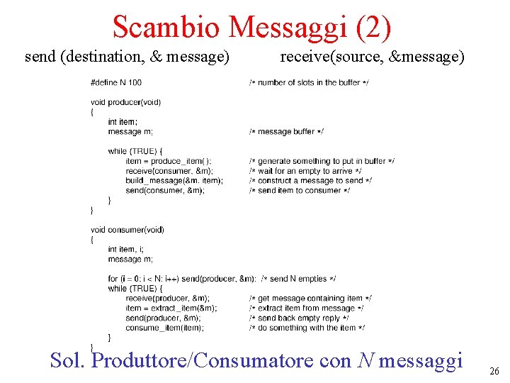 Scambio Messaggi (2) send (destination, & message) receive(source, &message) Sol. Produttore/Consumatore con N messaggi