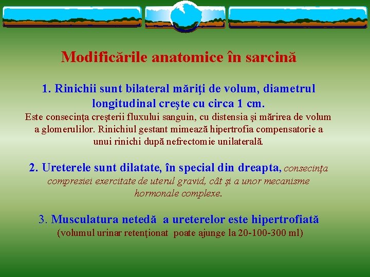 Modificările anatomice în sarcină 1. Rinichii sunt bilateral măriţi de volum, diametrul longitudinal creşte