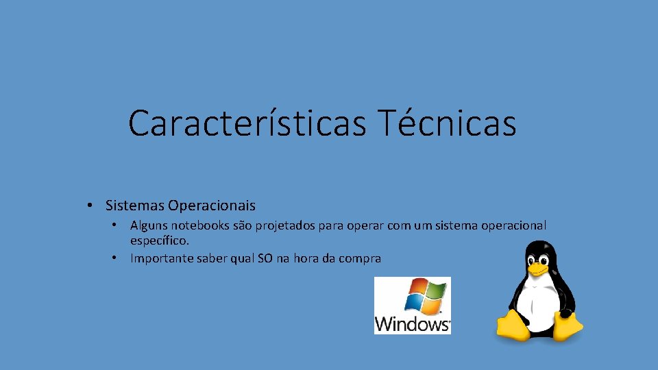 Características Técnicas • Sistemas Operacionais • Alguns notebooks são projetados para operar com um