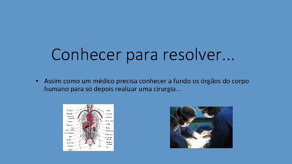 Conhecer para resolver. . . • Assim como um médico precisa conhecer a fundo