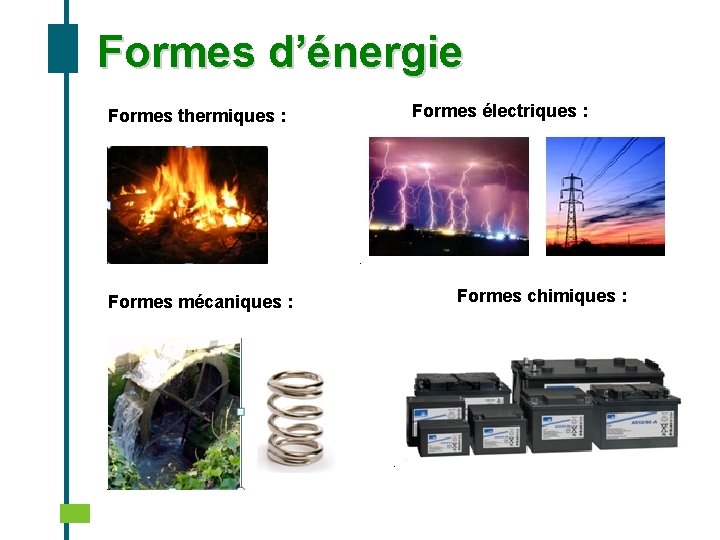 Formes d’énergie Formes thermiques : Formes mécaniques : Formes électriques : Formes chimiques :