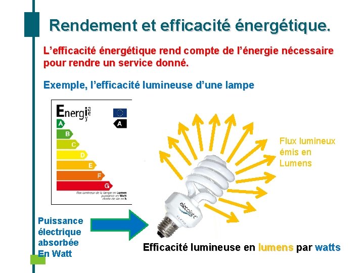 Rendement et efficacité énergétique. L’efficacité énergétique rend compte de l’énergie nécessaire pour rendre un