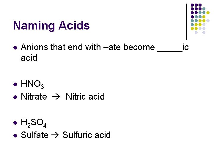 Naming Acids l Anions that end with –ate become _____ic acid l HNO 3