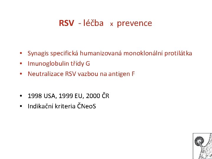 RSV - léčba x prevence • Synagis specifická humanizovaná monoklonální protilátka • Imunoglobulin třídy