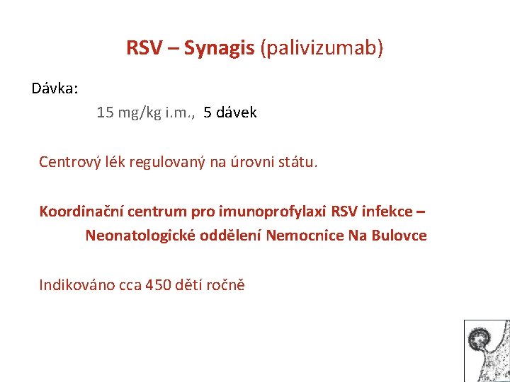 RSV – Synagis (palivizumab) Dávka: 15 mg/kg i. m. , 5 dávek Centrový lék