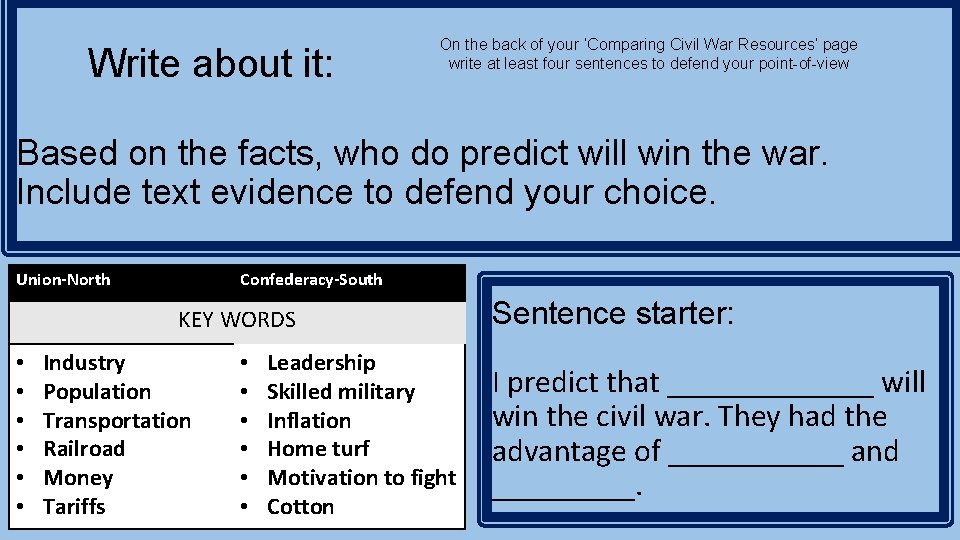 Write about it: On the back of your ‘Comparing Civil War Resources’ page write