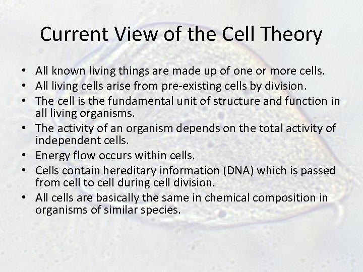 Current View of the Cell Theory • All known living things are made up