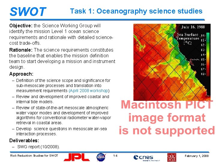SWOT Task 1: Oceanography science studies Objective: the Science Working Group will identify the
