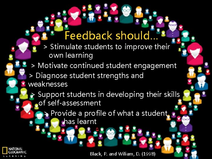 Feedback should… > Stimulate students to improve their own learning > Motivate continued student