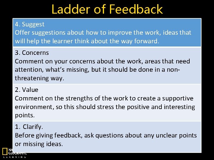 Ladder of Feedback 4. Suggest Offer suggestions about how to improve the work, ideas