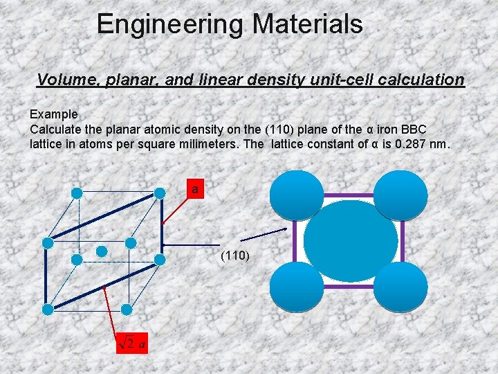 Engineering Materials Volume, planar, and linear density unit-cell calculation Example Calculate the planar atomic
