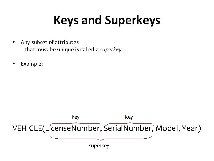 Keys and Superkeys • Any subset of attributes that must be unique is called