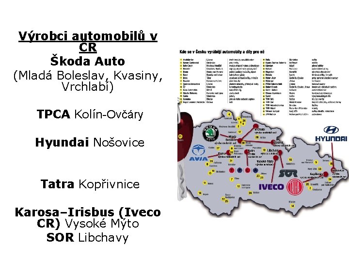 Výrobci automobilů v ČR Škoda Auto (Mladá Boleslav, Kvasiny, Vrchlabí) TPCA Kolín-Ovčáry Hyundai Nošovice