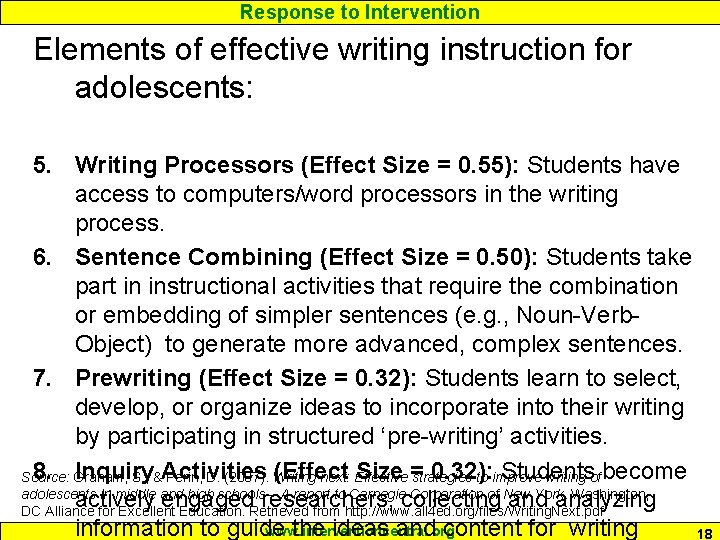 Response to Intervention Elements of effective writing instruction for adolescents: 5. Writing Processors (Effect