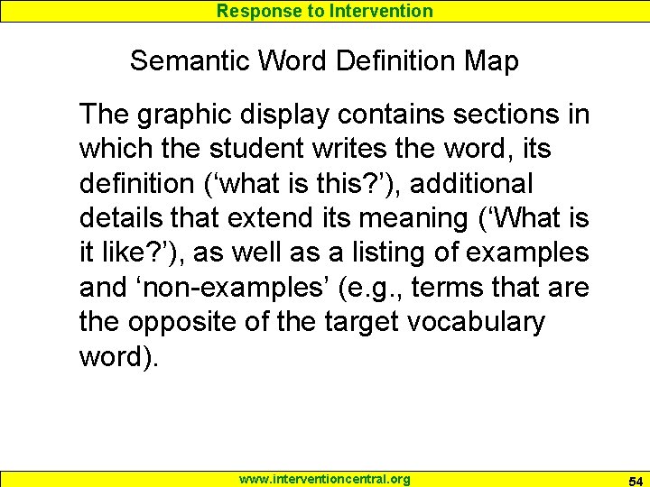 Response to Intervention Semantic Word Definition Map The graphic display contains sections in which