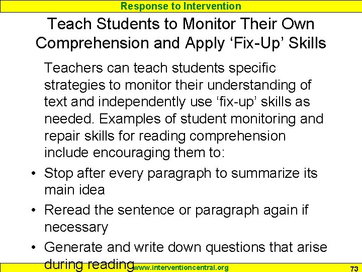 Response to Intervention Teach Students to Monitor Their Own Comprehension and Apply ‘Fix-Up’ Skills