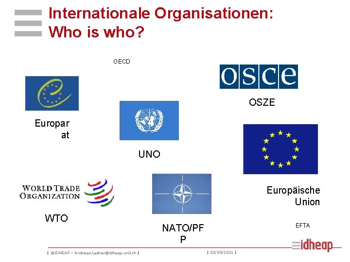 Internationale Organisationen: Who is who? OECD OSZE Europar at UNO Europäische Union WTO |