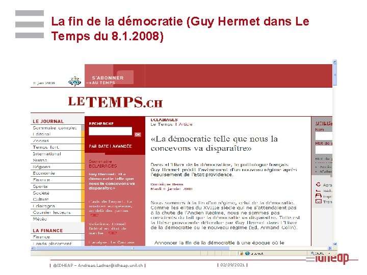 La fin de la démocratie (Guy Hermet dans Le Temps du 8. 1. 2008)