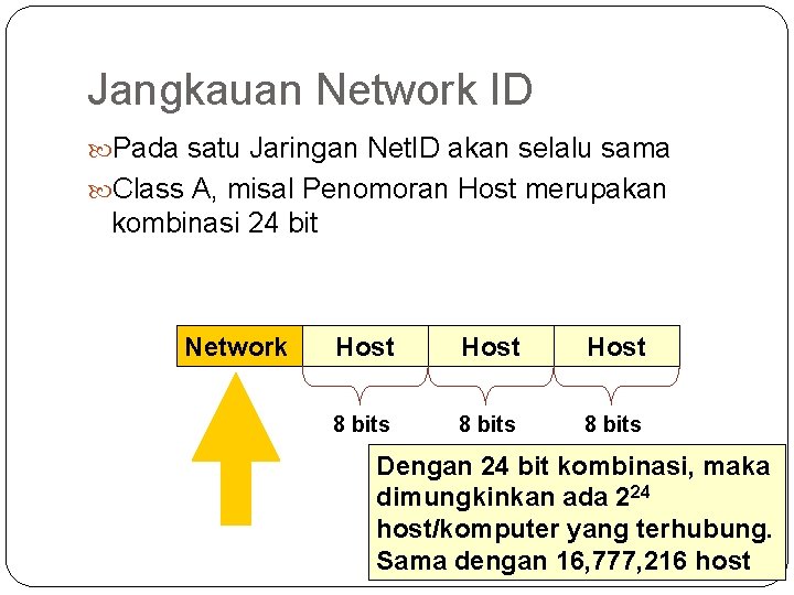 Jangkauan Network ID Pada satu Jaringan Net. ID akan selalu sama Class A, misal