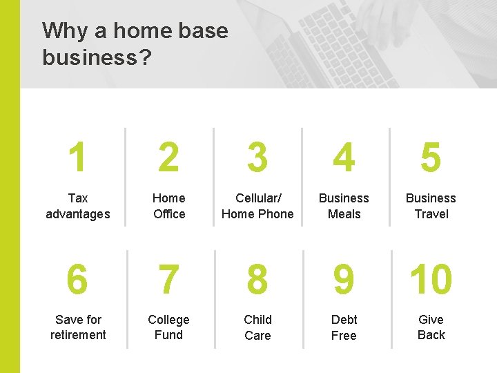 Why a home base business? 1 2 3 4 5 Tax advantages Home Office