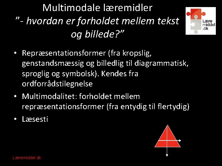 Multimodale læremidler ”- hvordan er forholdet mellem tekst og billede? ” • Repræsentationsformer (fra