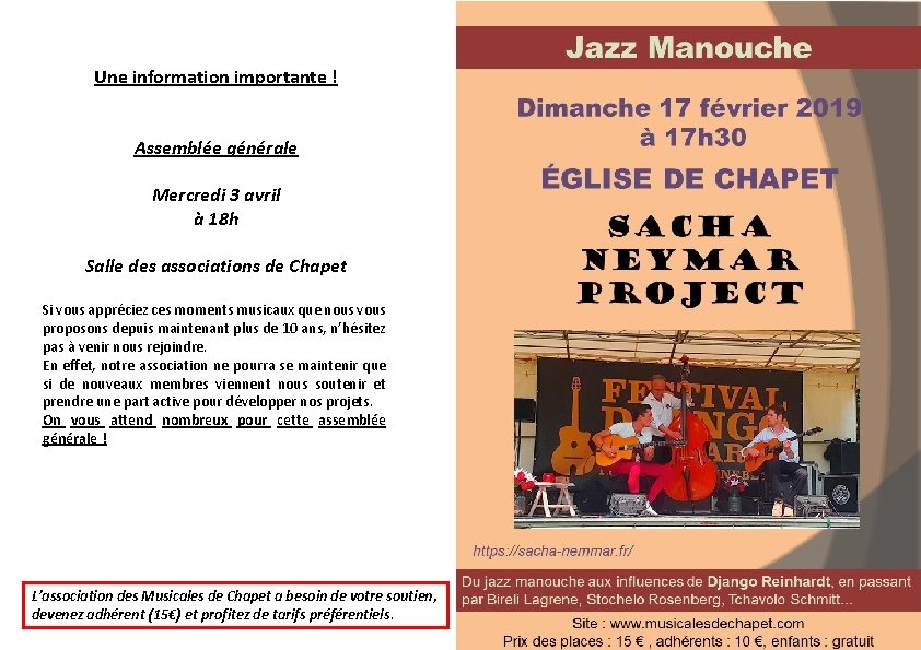 Une information importante ! Assemblée générale Mercredi 3 avril à 18 h Salle des