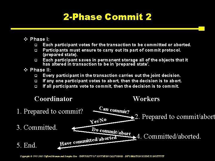 2 -Phase Commit 2 v Phase I: Each participant votes for the transaction to