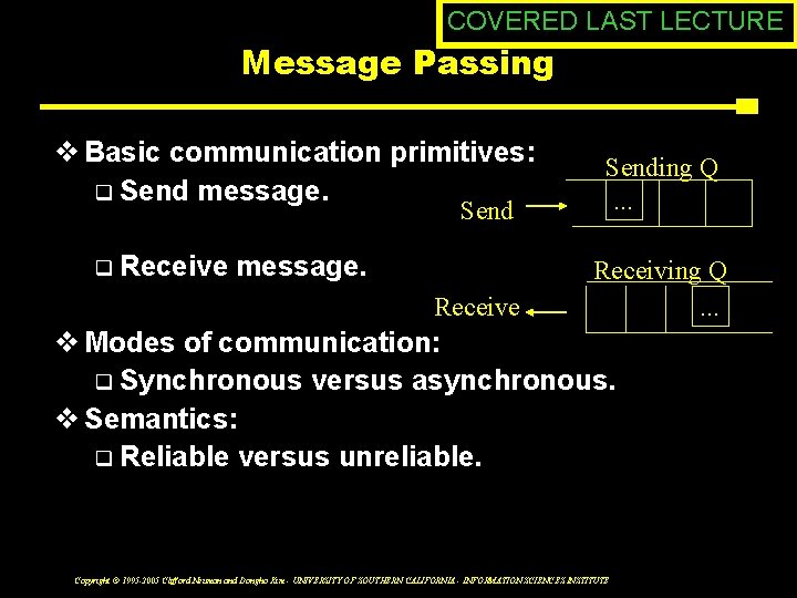 COVERED LAST LECTURE Message Passing v Basic communication primitives: q Send message. Send q