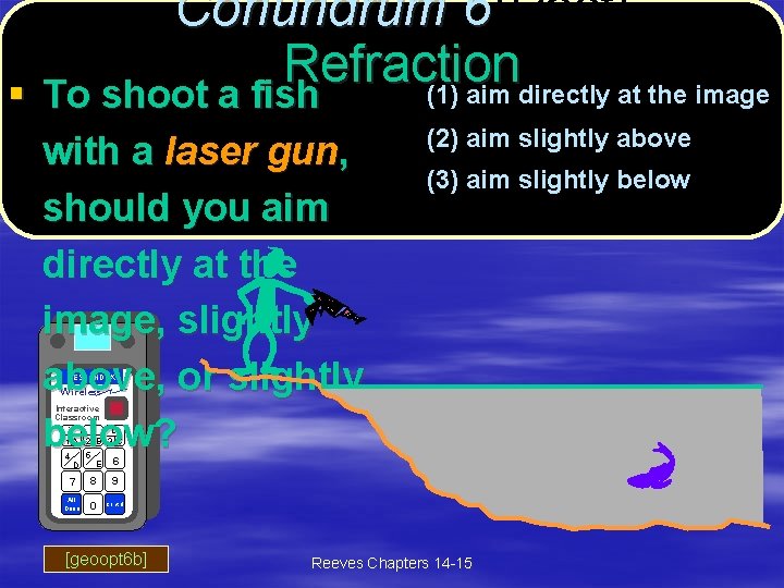 Conundrum 6(Post) 6 Refraction (1) aim directly at the image § To shoot a