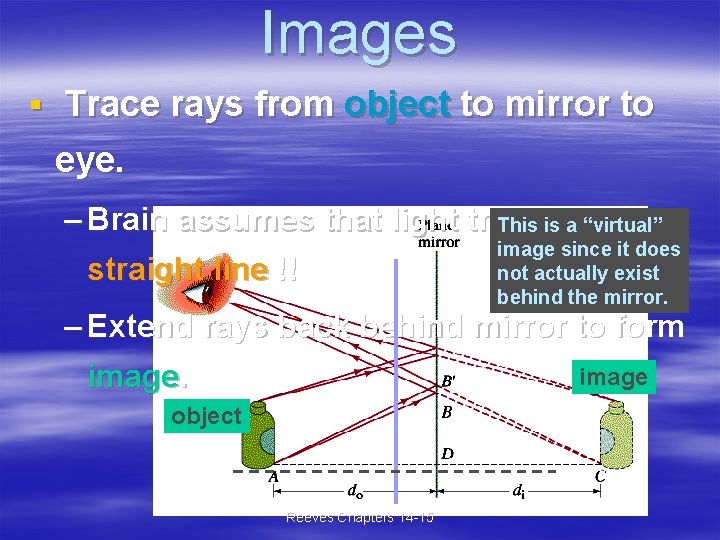 Images § Trace rays from object to mirror to eye. – Brain assumes that