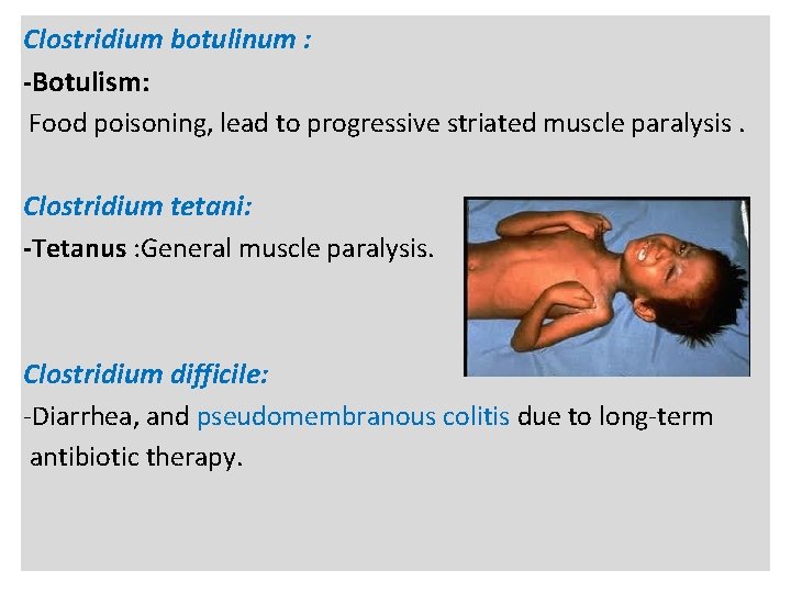 Clostridium botulinum : -Botulism: Food poisoning, lead to progressive striated muscle paralysis. N Clostridium