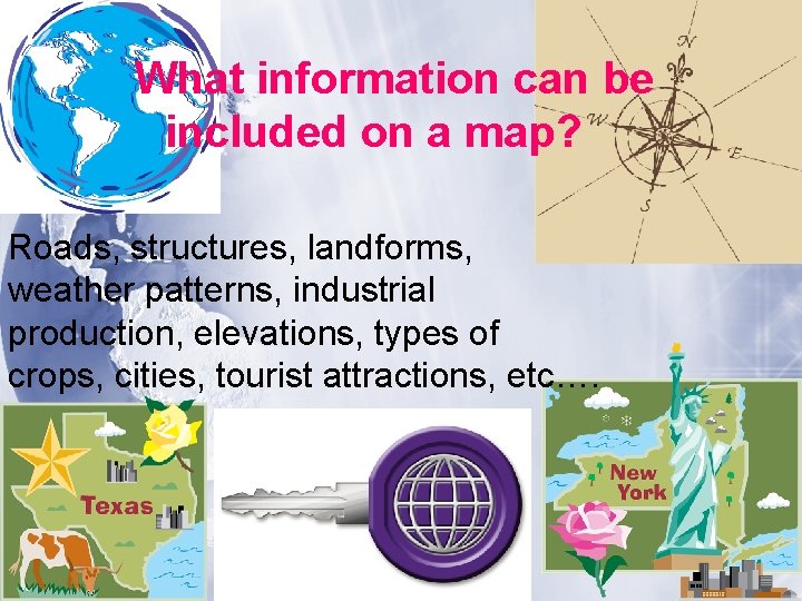 What information can be included on a map? Roads, structures, landforms, weather patterns, industrial