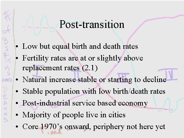 Post-transition • Low but equal birth and death rates • Fertility rates are at