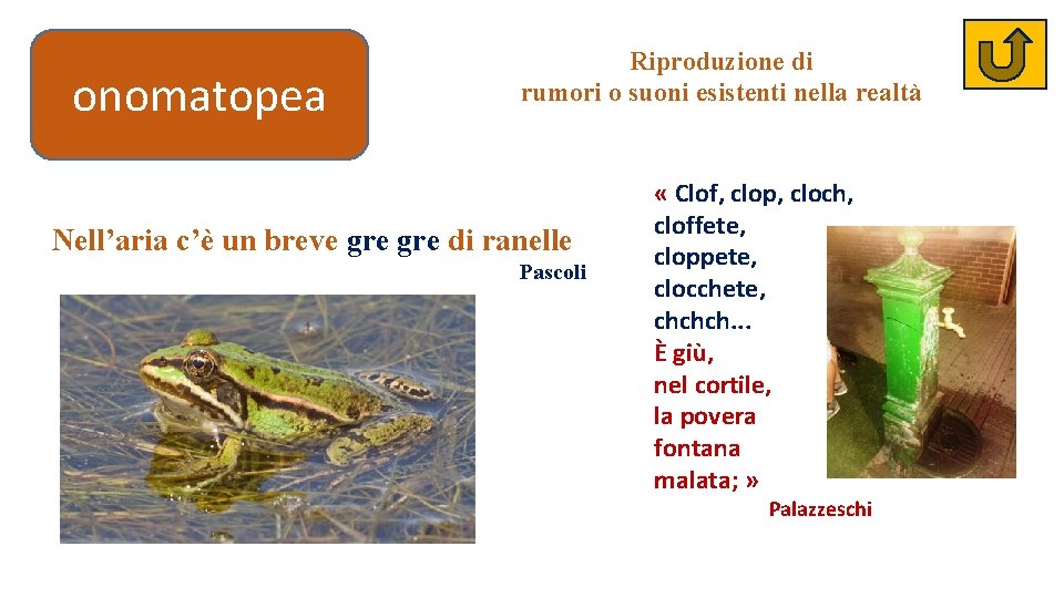 onomatopea Riproduzione di rumori o suoni esistenti nella realtà Nell’aria c’è un breve gre