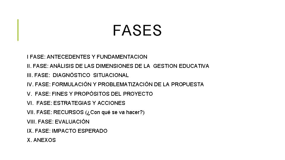 FASES I FASE: ANTECEDENTES Y FUNDAMENTACION II. FASE: ANÁLISIS DE LAS DIMENSIONES DE LA