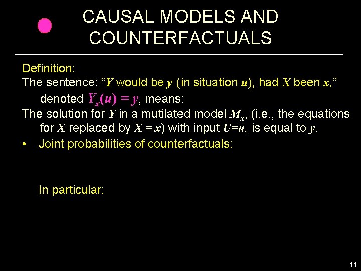 CAUSAL MODELS AND COUNTERFACTUALS Definition: The sentence: “Y would be y (in situation u),