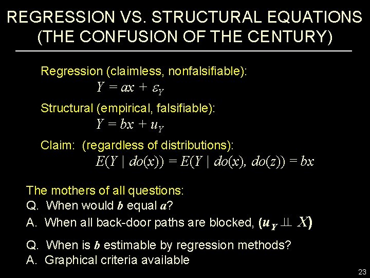 REGRESSION VS. STRUCTURAL EQUATIONS (THE CONFUSION OF THE CENTURY) Regression (claimless, nonfalsifiable): Y =