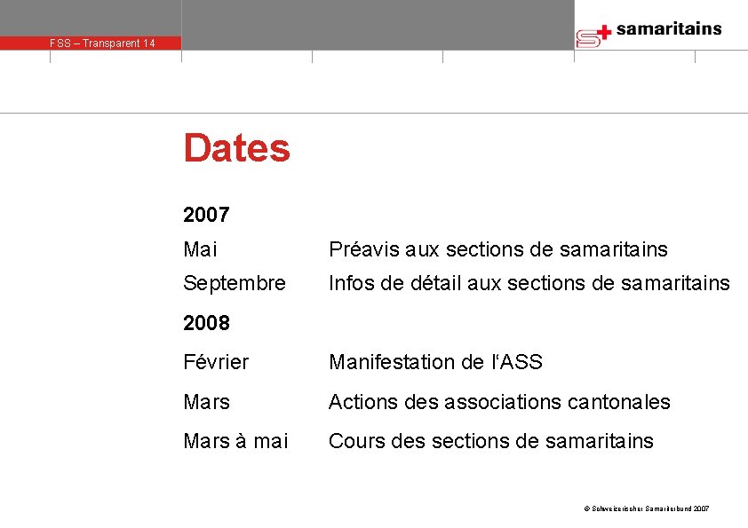 FSS – Transparent 14 olie 14 Dates 2007 Mai Préavis aux sections de samaritains