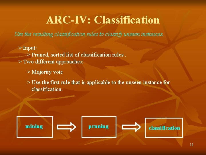 ARC-IV: Classification Use the resulting classification rules to classify unseen instances. > Input: >