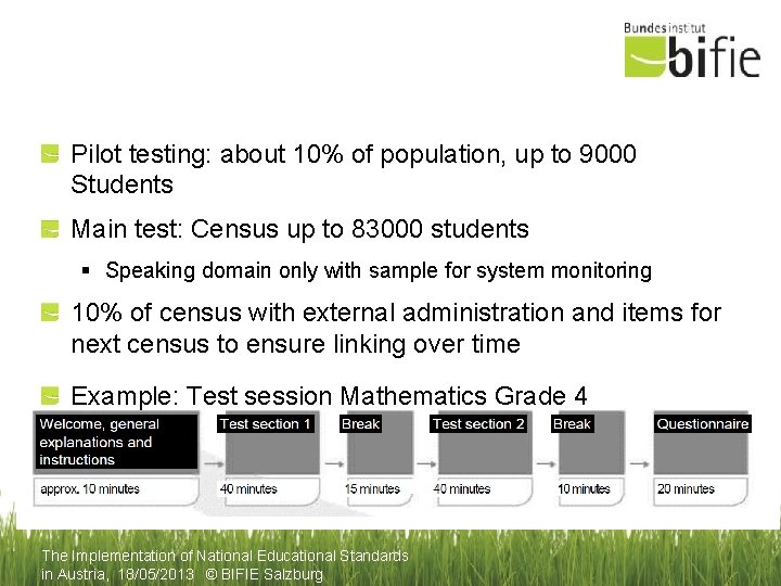 Pilot testing: about 10% of population, up to 9000 Students Main test: Census up