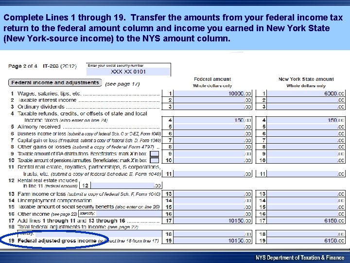 Complete Lines 1 through 19. Transfer the amounts from your federal income tax return