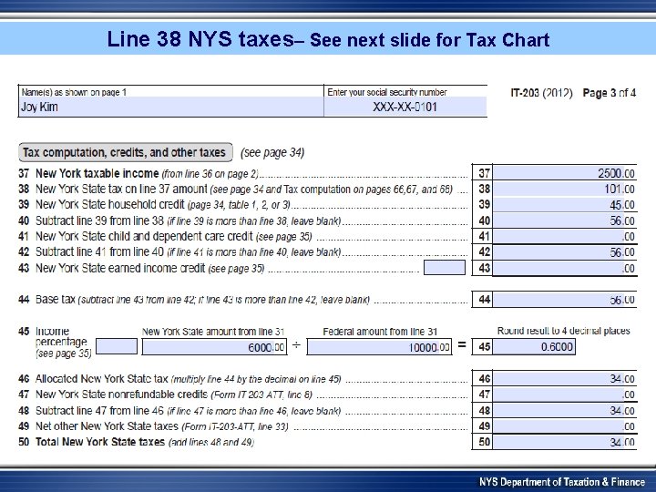 Line 38 NYS taxes– See next slide for Tax Chart 2500. 00 