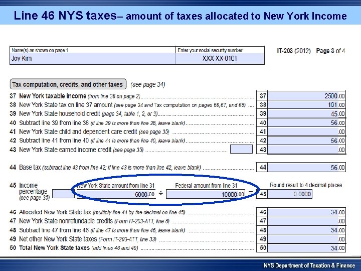 Line 46 NYS taxes– amount of taxes allocated to New York Income 