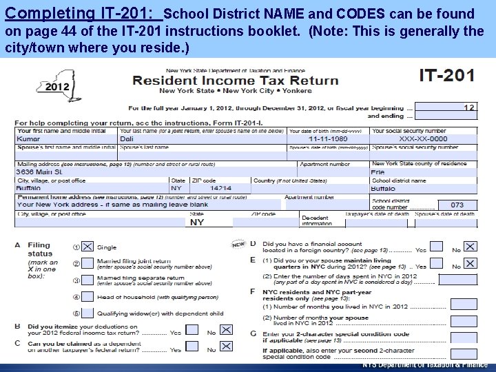 Completing IT-201: School District NAME and CODES can be found on page 44 of